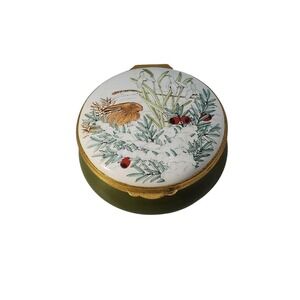 Vintage large round Crummles winter scene with bunny rabbit enamel trinket box